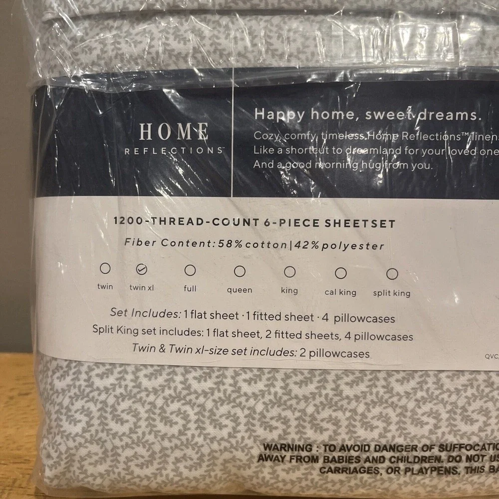 Home Reflections 4 PC 1200 Thread Count‎ Twin XL Leaf Pattern QVC Sheet Set